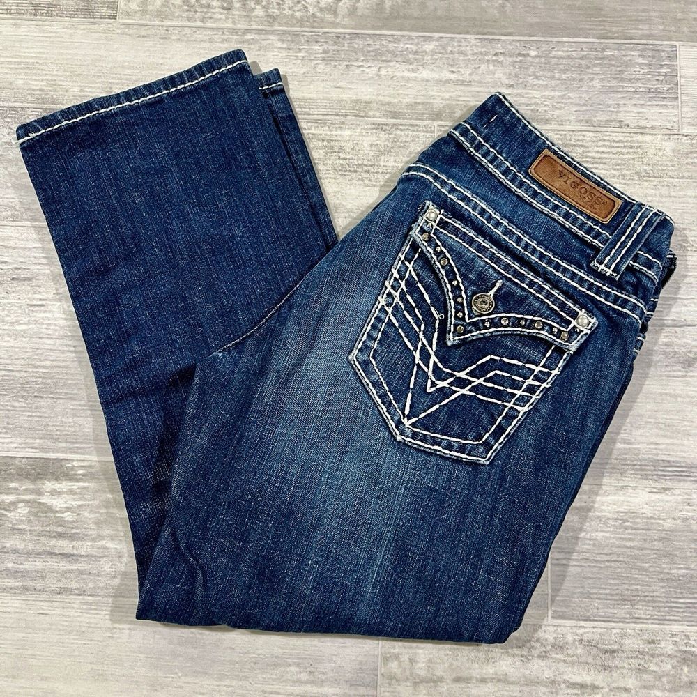 Vigoss Jeans Women's 30 (32X23) Capri Low Rise Flap‎ Pocket Blue Denim Bling